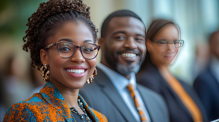 A captivating portrait showcasing a diverse and successful African American business team. Their confident smiles and professional attire exude success and teamwork.の素材