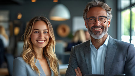 Image of a smiling business team in a modern office setting.  A man and woman exude confidence and success. Perfect for corporate marketing materials.の素材