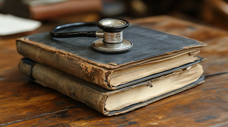 A vintage stethoscope rests on a stack of antique medical textbooks, creating a nostalgic and historical image. Perfect for medical, historical, or educational projects.の素材