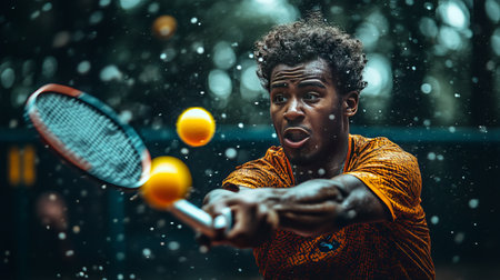 A dynamic action shot of a male tennis player during a match.  He's intensely focused, swinging his racket with power in the rain. The image captures speed and movement.の素材