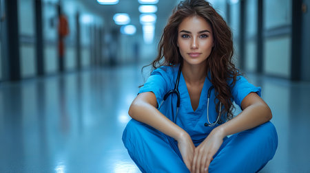 A beautiful young female doctor sits in a hospital corridor, thoughtfully. She is wearing blue scrubs and a stethoscope. The image is calm and professional, perfect for medical, healthcare, or wellness related projects.の素材