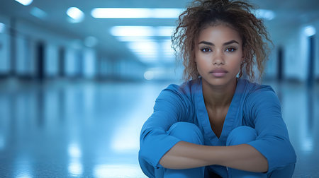 A young female nurse sits pensively in a hospital corridor, showcasing a thoughtful and slightly melancholic mood. The image features a serene blue color palette and a contemplative expression.の素材