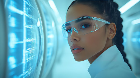 A young female scientist intensely studies a futuristic digital interface, showcasing cutting-edge technology and innovation within a modern laboratory setting. The blue-toned image evokes a sense of advanced scientific research.の素材