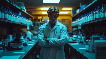 Portrait of male scientist standing with arms crossed in chemical laboratory.の素材