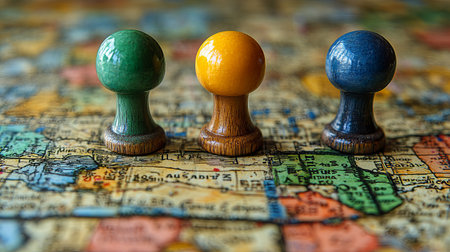 Three colorful vintage map markers on an old map. Travel concept. journey destinations globe pinsの素材