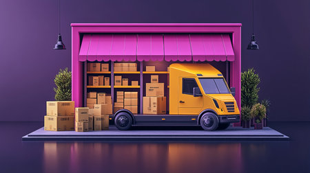 3D render of a yellow delivery truck loading boxes in a pink shop. E-commerce concept. storeの素材