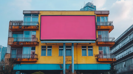 Pink billboard on a yellow building in a city. Perfect for advertising or design projects. Exteriorの素材
