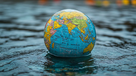 A small globe floats on water symbolizing global issues and environmental concerns. earth floatingの素材