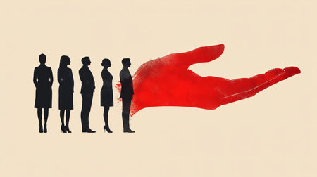 Abstract business concept illustration featuring a red hand selecting a team of people. Success andの素材