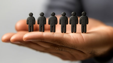 Black figures representing teamwork on a hand. Business concept image. people group human supportの素材
