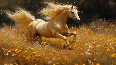 Stunning palomino horse galloping through a vibrant yellow wildflower meadow Running Wildflowersの素材