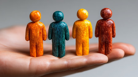 Colorful wooden human figures representing diversity and teamwork people concept group unityの素材