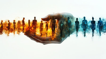 Abstract art depicting diverse people embraced by a hand symbolizing unity and hope. Humanityの素材