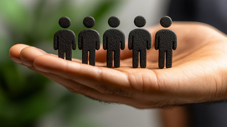 Five black figures on a hand symbolizing teamwork and support people business concept group careの素材