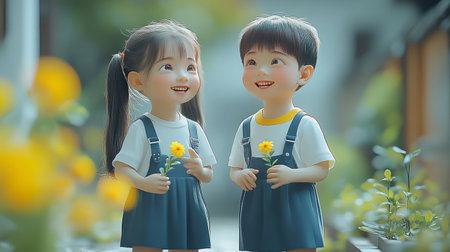 Cute cartoon illustration of two adorable smiling children holding flowers. Perfect for kidsの素材