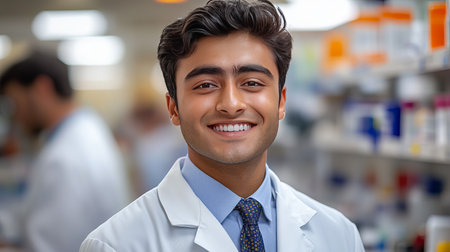 Portrait of a smiling young male pharmacist in a white coat. Doctor Happy Healthcare Medicine Manの素材