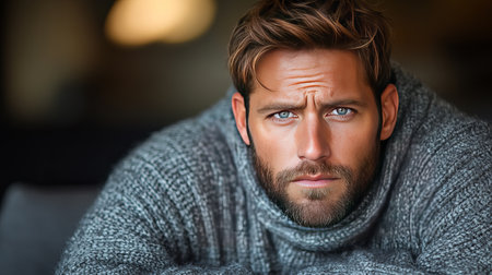 Closeup portrait of a handsome man with a serious expression wearing a grey sweater. face model eyesの素材