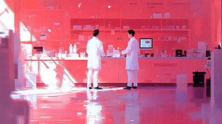 Two scientists in a pink modern lab. Digital art illustration of scientific research. Scienceの素材