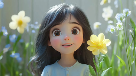 Cute cartoon girl surrounded by beautiful spring flowers.  Perfect for children's books or websites.の素材