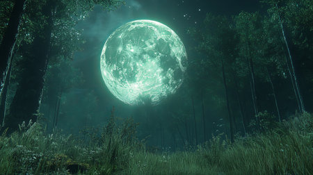 Mystical forest scene at night with a large green moon. Perfect for fantasy or mystical projects.の素材