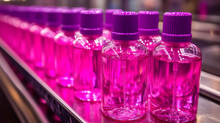 Close up of pink liquid bottles on a production line in a factory. manufacturing industry processの素材