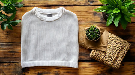 Stylish white knit sweater mockup on wooden background. Perfect for fashion and apparel design.の素材