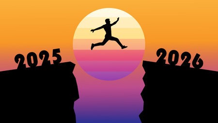 Happy new year 2015 with silhouette man jumping over cliff, vector illustrationのイラスト素材