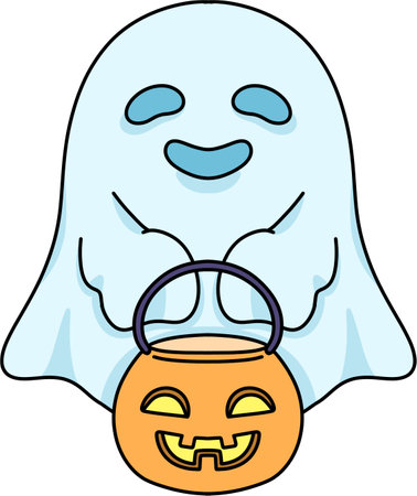 Illustration of a cute ghost holding a pumpkin basket and smiling.のイラスト素材