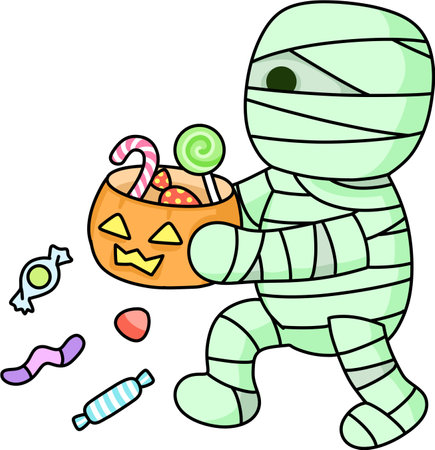 Illustration of a mummy with candies and a bucket of candyのイラスト素材