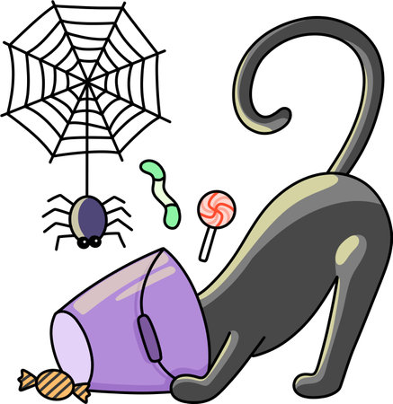 Illustration of a black cat sitting next to a candy and a spider webのイラスト素材