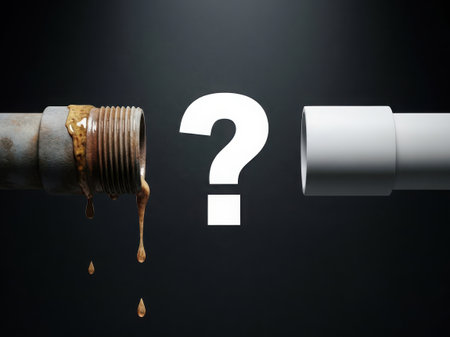 An image of a leaking pipe with a question mark overlay, suggesting uncertainty or a problem.の素材