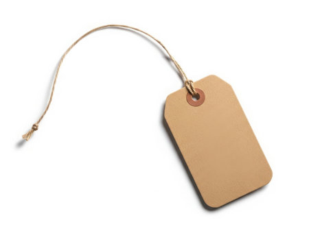 A simple brown paper tag hanging from a string, ready for labeling or marking.の素材