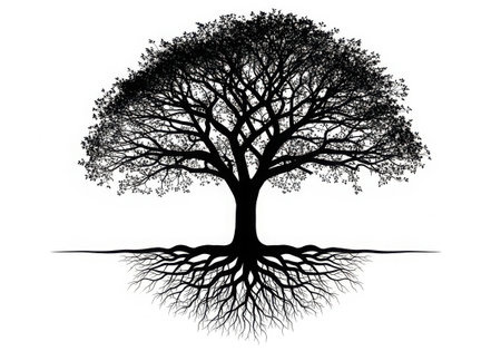 Silhouette of a large tree with visible roots against white backgroundの素材