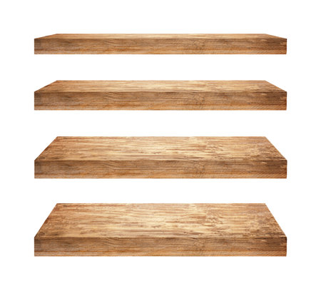 Collection of wooden shelfs isolated on white backgroundの写真素材