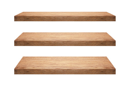 Collection of wooden shelfs isolated on white backgroundの写真素材