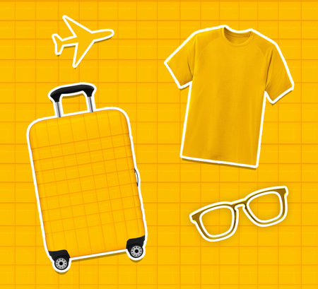 Travel essentials on yellow background, travel bag, glases, airplane, tshirtの写真素材