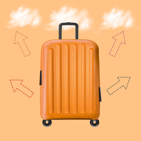 Creative abstract of travel bag with clouds and arrows backgroundの写真素材