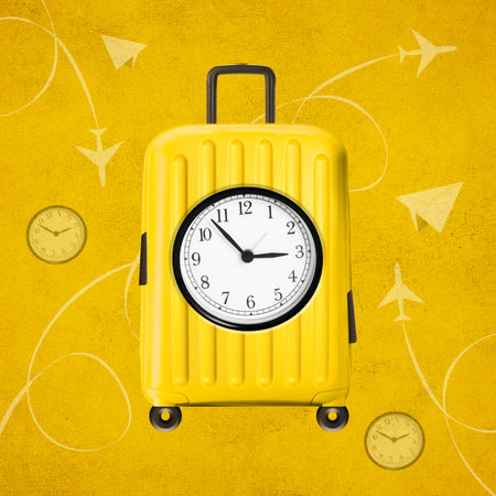 Creative abstract of travel bag with clock and airplane backgroundの写真素材