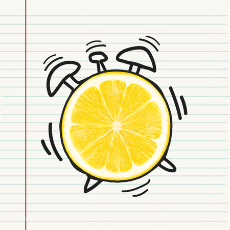 Creative alarm clock citrus fruit lemon on notebook background. education conceptの写真素材