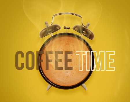 Hot coffee in a retro alarm clock. coffee time conceptの写真素材