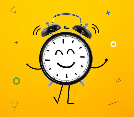 Alarm clock character smiling. Happy hour conceptの写真素材