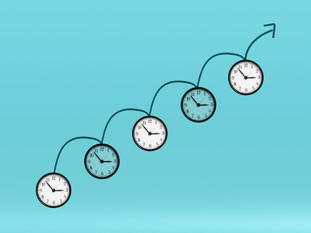 Rising arrow on white and blue clocks as a staircase, success concept
