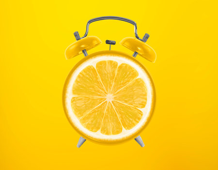 Creative idea layout fresh orange slice alarm clock on orange background. minimal idea business concept. fruit ideaの写真素材