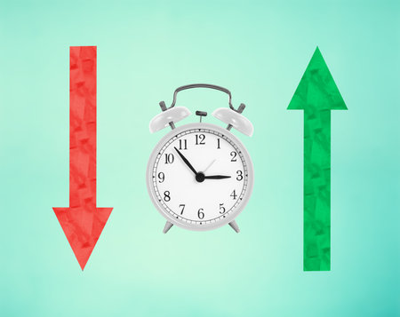 Fall and growth in business. Clock, red arrow down, green arrow upの写真素材