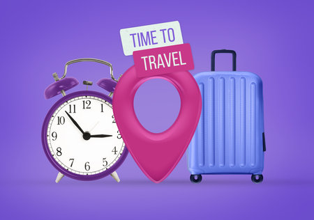 Time to travel banner. Trip banner with travel bag, location pin, alarm clock on purple backgroundの写真素材
