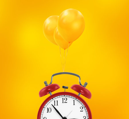 Red alarm clock fly by three balloons. minimal Wedding and birthday concept. Flat layの写真素材