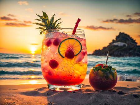Cocktail at a beach with tropical fruitsの素材