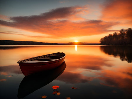 A serene sunset paints the sky with warm hues of orange and red, as a lone boat gently floats on the calm waters of a tranquil lakeの素材
