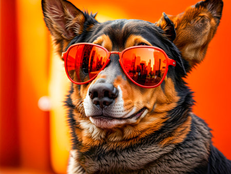 A cool dog with sleek sunglasses is set against a fiery orange backdropの素材