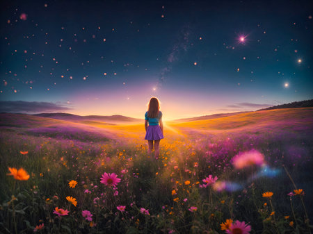 a young girl standing in a vibrant, flower-filled meadowの素材
